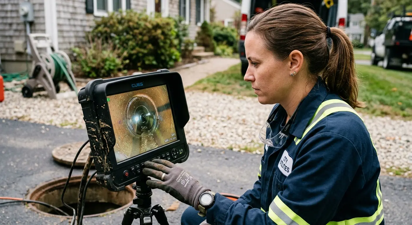 Technician reviewing sewer camera inspection footage in Port Neches
