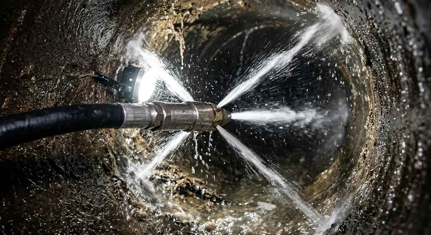 High-pressure hydro jetting nozzle cleaning sewer pipe for Storm Drain Cleaning in Port Neches