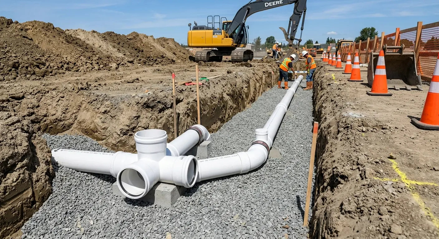 New PVC sewer pipe installation in open trench for Grease Trap Cleaning in Port Neches