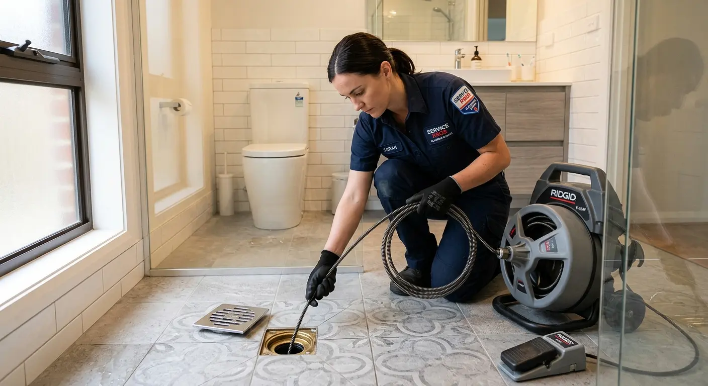Technician clearing a bathroom floor drain for Sewer Line Installation in Port Neches